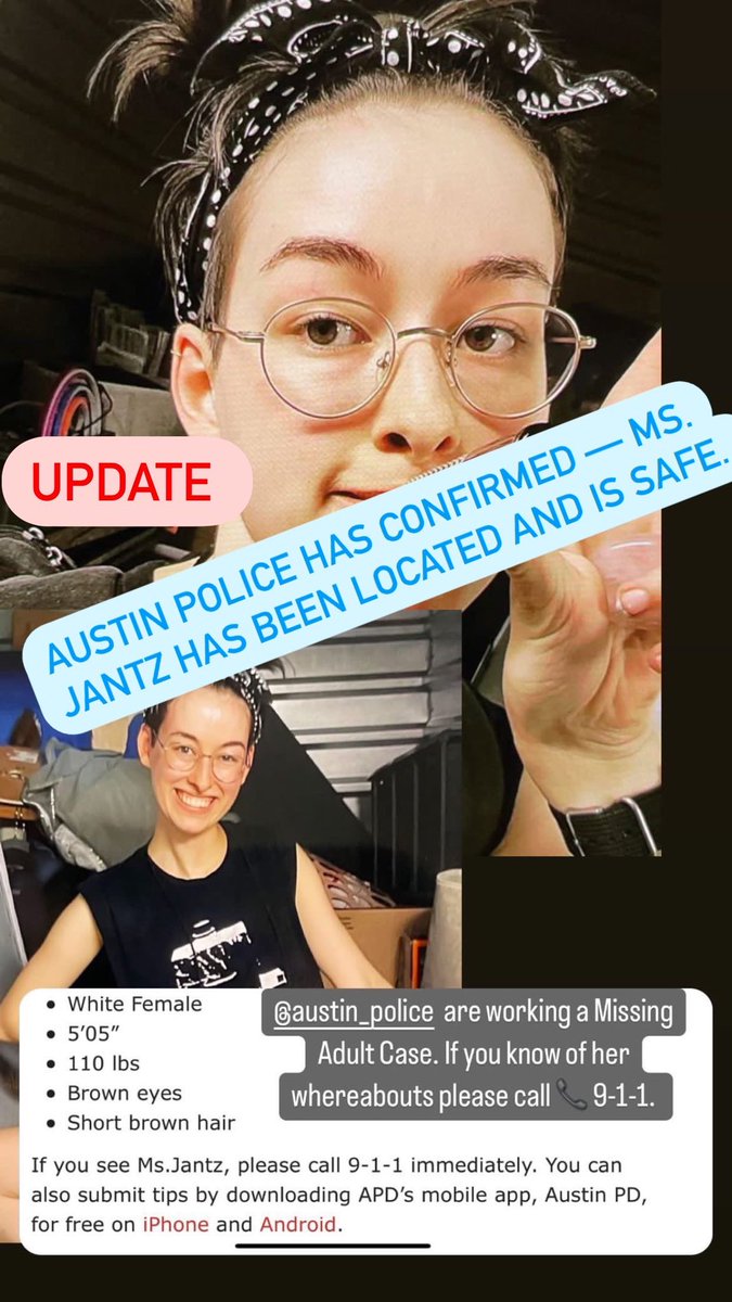 UTAustinPolice's tweet photo. UPDATE: @Austin_Police has advised that Ms. Jantz has been located and is safe. https://t.co/VvvjeAvF1e https://t.co/5BarKAjDLa