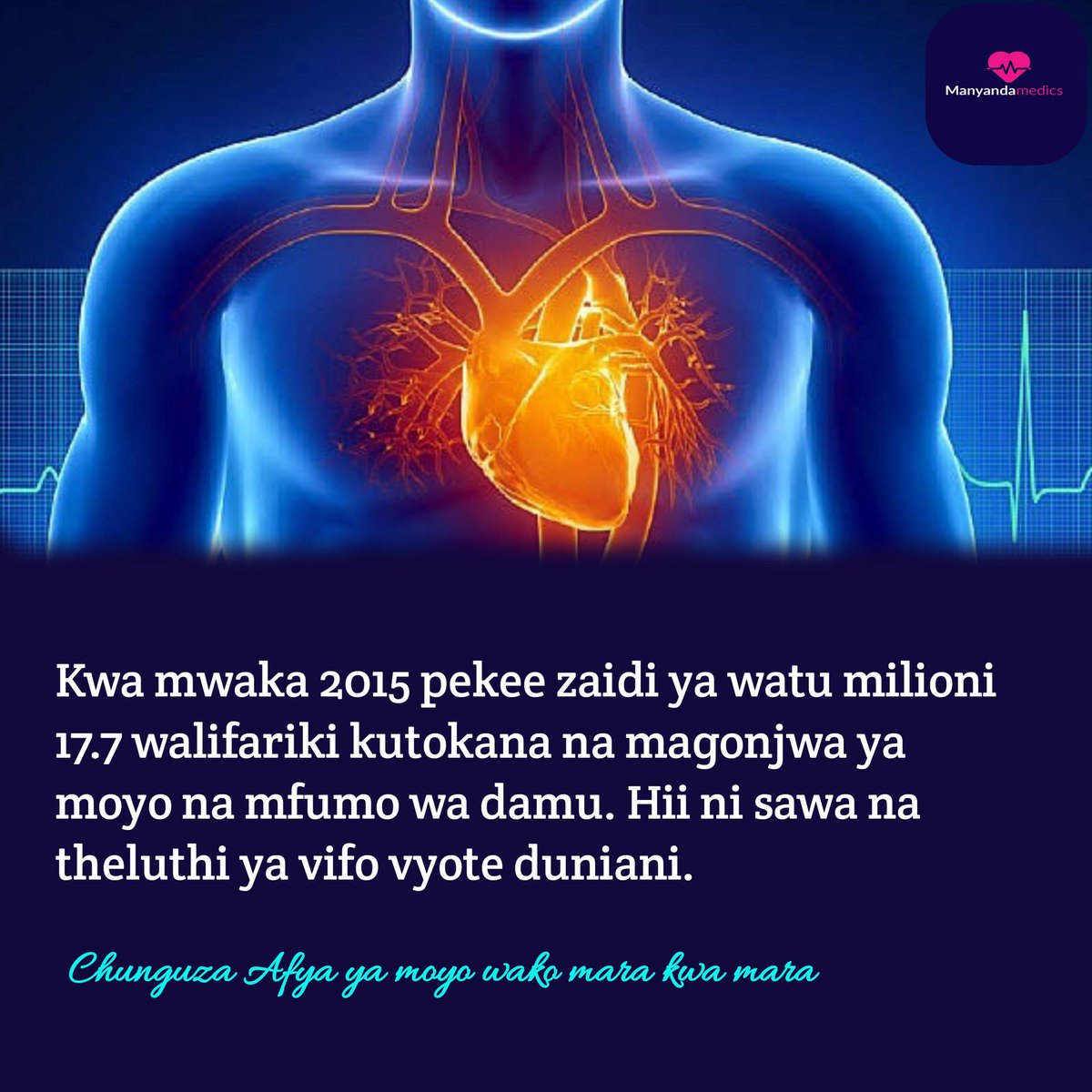 manyandamedics's tweet photo. Kwa mwaka 2015, zaidi ya watu milioni 17.7 walipoteza maisha kwa sababu ya magonjwa ya moyo. Hii ni sawa na theluthi ya vifo vyote duniani. https://t.co/8pdoj4tOsx