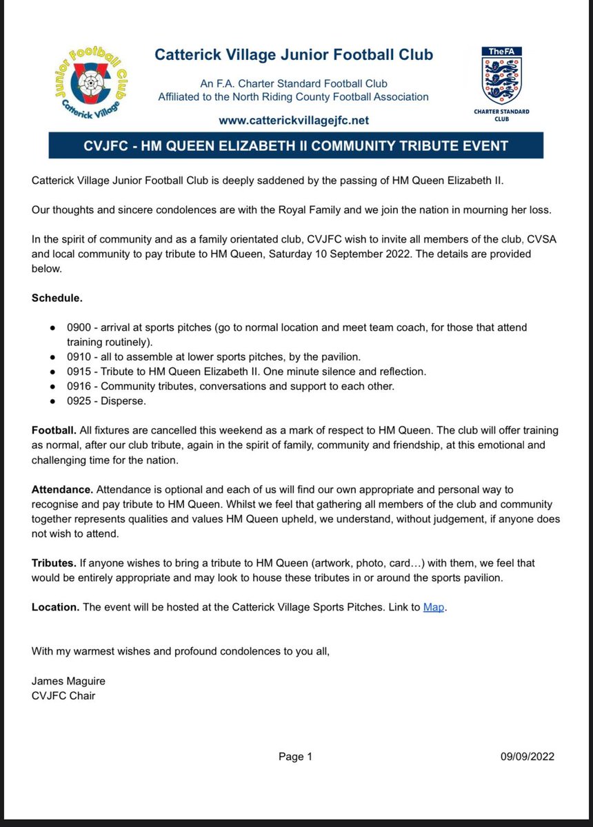 The Club Management Committee feels that it would be  appropriate to come together as a Club and wider community tomorrow morning in tribute to HM Queen.

Please note the information in the attached notification.

We look forward to seeing many of you tomorrow morning, CVJFC