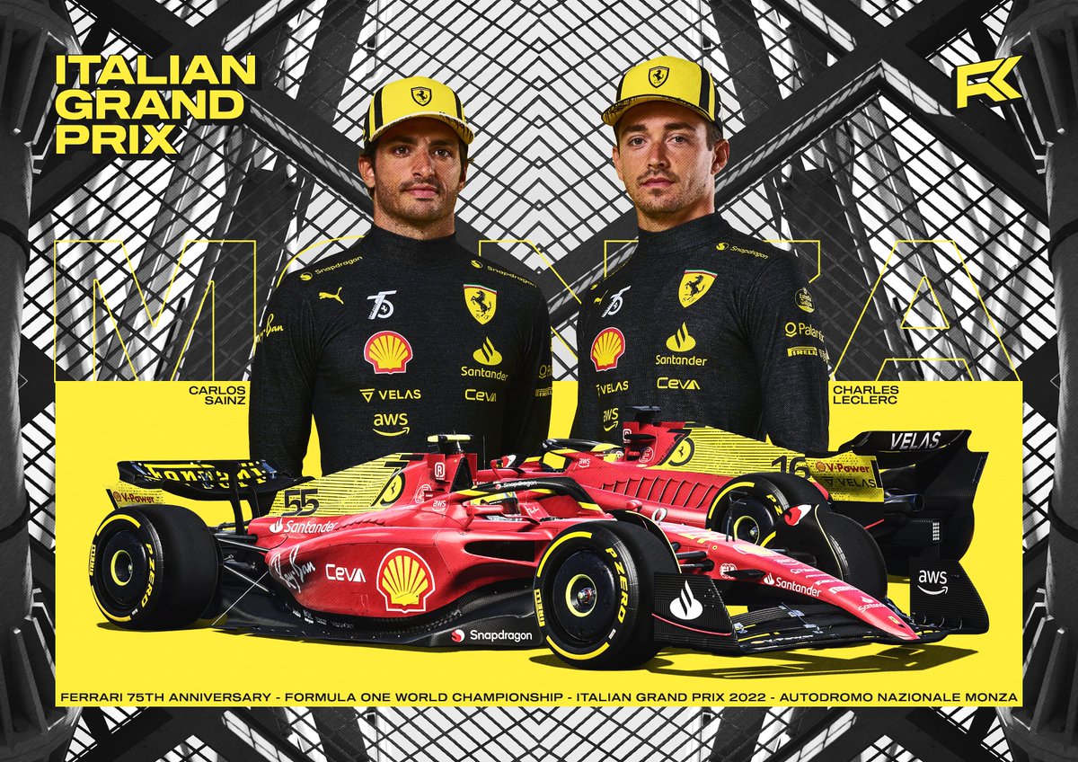 notFRK's tweet photo. >>> Scuderia Ferrari - Giallo Modena - #ItalianGP 
Poster celebrating the 75th anniversary of @Ferrari 

> Any and all support is greatly appreciated!
#charlesleclerc #Carlossainz #Formula1 https://t.co/eRhLRf99lD