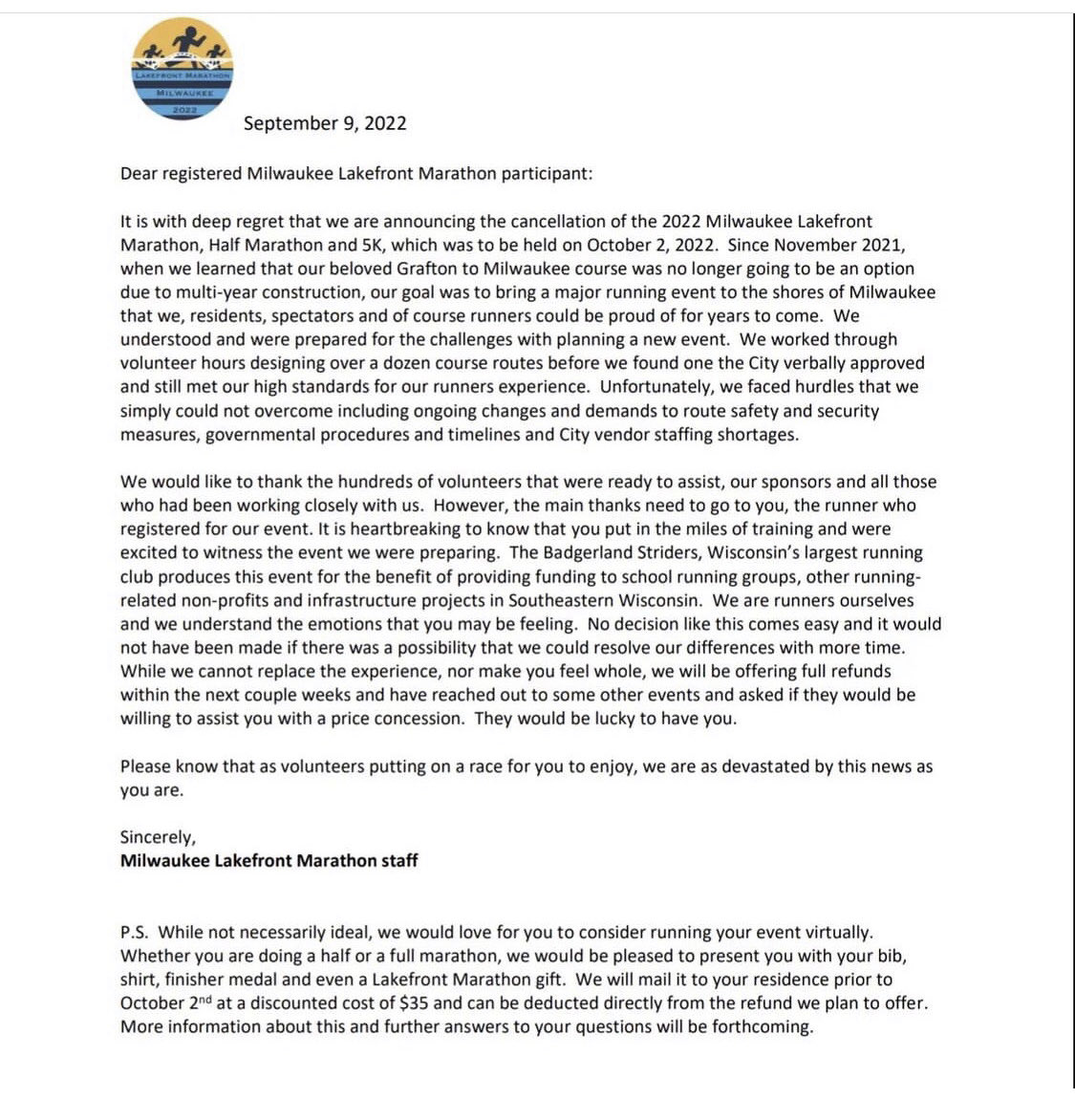 MSpicuzzaMJS's tweet photo. It looks like the Milwaukee Lakefront Marathon, which was going to include a run across the Hoan Bridge, has been canceled. https://t.co/hoCvxPkgbM