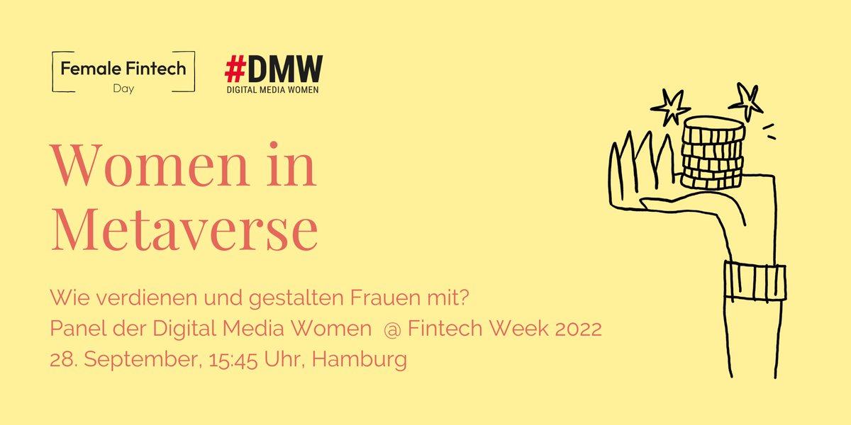 MOIN #FWHH22, MOIN HAMBURG!

Die sechste @FintechWeekDE findet statt und die #DMW ist wieder dabei!

Unser Panel dreht sich um das Thema: WOMEN IN METAVERSE!

📅 Wann? Mittwoch, 28.09.2022, 15:45 - 16:45 Uhr
📍 Wo? Campus 75, Hamburg

📢 Jetzt anmelden➡️ fintechweek.de/event/women-in…