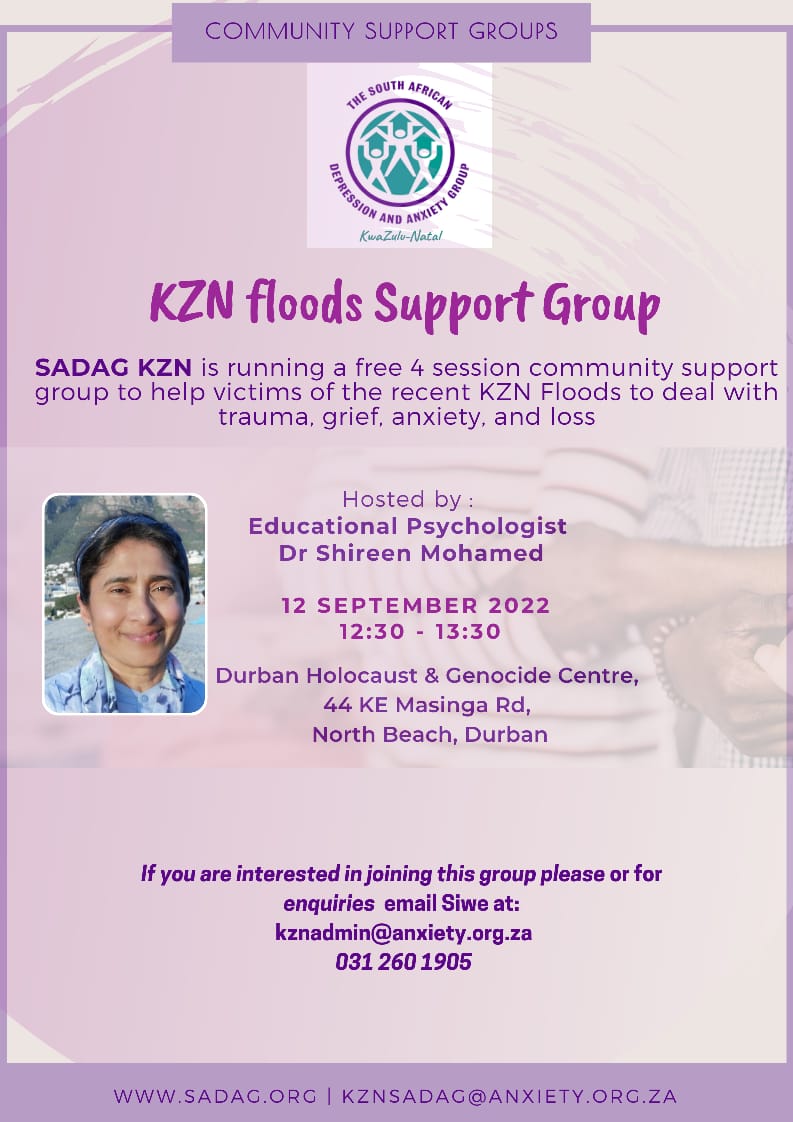 suntoshpillay's tweet photo. People of KZN are still recovering from the trauma and loss of the KZN floods.

Please share with anyone who will benefit from this support group, starting on Monday, September 12, at a venue in Durban's North Beach.

#MentalHealthMatters
#PowerofSupportGroups https://t.co/gfjJE5Aoud