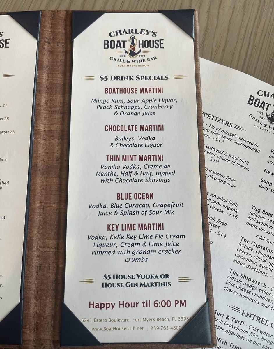 BoathouseGrill's tweet photo. That Friday feeling.  
Join us for #happyhour daily from 4-6 with 1/2 off draft beers, house wines, well cocktails, and $5 martinis.🍷🥃🍺🍸 https://t.co/cG1cSsUBBy