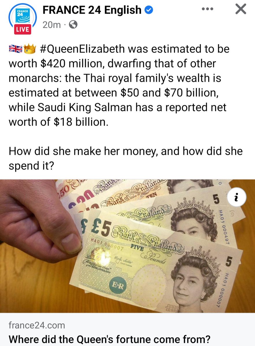 สื่อสาธารณะฝรั่งเศสรายงานว่าพระราชินีเอลิซาเบธมีราชทรัพย์ 420 ล้านเหรียญสหรัฐ มากกว่าเจ้าหลายประเทศ แต่ประเมินว่ากษัตริย์ไทยมีประมาณ 50,000 ถึง 70,000 ล้านเหรียญ ส่วนเจ้าซาอุ 18,000 ล้าน <หากรัฐบาลไม่พอใจตัวเลข ก็แก้ข่าว อธิบาย+ประท้วงด้วย #ป #ควีน #อังกฤษ #ไทย #เจ้า #ยกเลิก112
