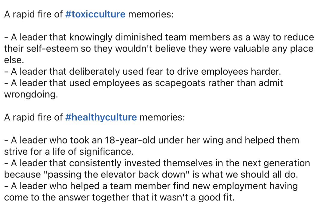 Things I’ve experienced in #toxiccultures & #healthycultures, all within #startups and #scaleups…