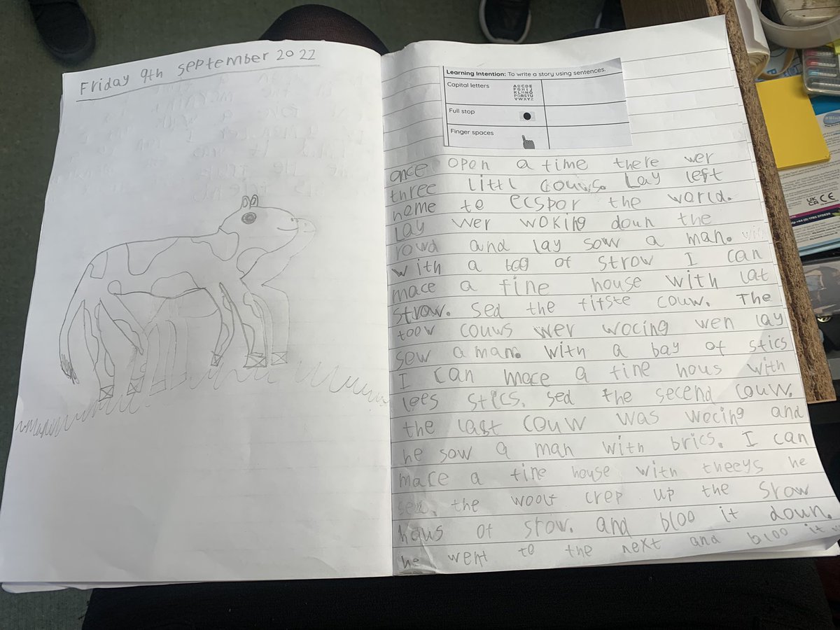 CaitlinRostock's tweet photo. So impressed with the results of p3’s writing today! They did such a super job of retelling their own version of the 3 little pigs @DingwallPlay #highlandliteracy #writing https://t.co/25HtX2ndJB