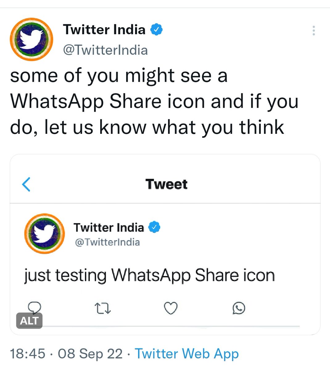 AmithHegde6's tweet photo. #Twitter adds @WhatsApp #SharingButton for users in #India, along with a new @LinkedIn #SharingOption
The new #ShareIcon does the same as the earlier share icon, so how does it help?
Good for WhatsApp
#Inconvenient for users. Feels like going around in circles
๐ธ@TwitterIndia https://t.co/XrdI7I37ZY