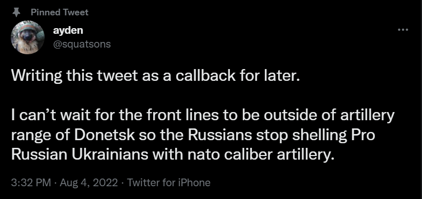 FellaShaggy's tweet photo. @squatsons <Ring ring, ring ring> 

"Hello, this an automatic call-back

How front lines being outside of artillery range of Donetsk doin'?"

#Oops #Reversing #GettingStuffed #Capitulation #Surrender https://t.co/IkjZUaB6UW