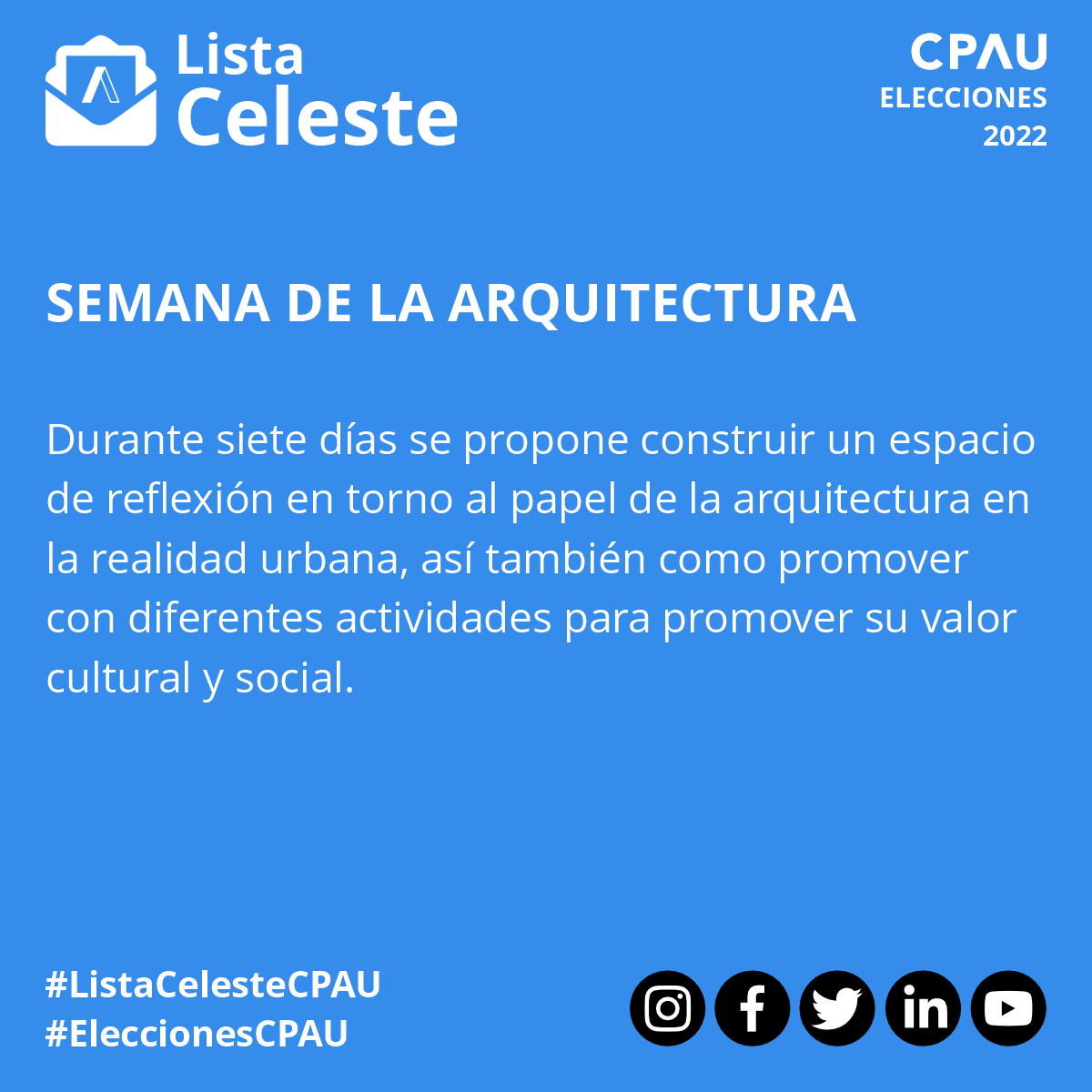 ACTIVIDADES DE EXTENSIÓN:

ARQUITECTURA, ENCUENTRO Y REFLEXIÓN
PROGRAMA CPAU EN EL TERRITORIO
BIENAL SUDAMERICANA DE ARQUITECTURA
SEMANA DE LA ARQUITECTURA

🔗Conocé más en: linktr.ee/listacelestecp…

#Elecciones #CPAU #EleccionesCPAU #ListaCeleste #ListaCelesteCPAU