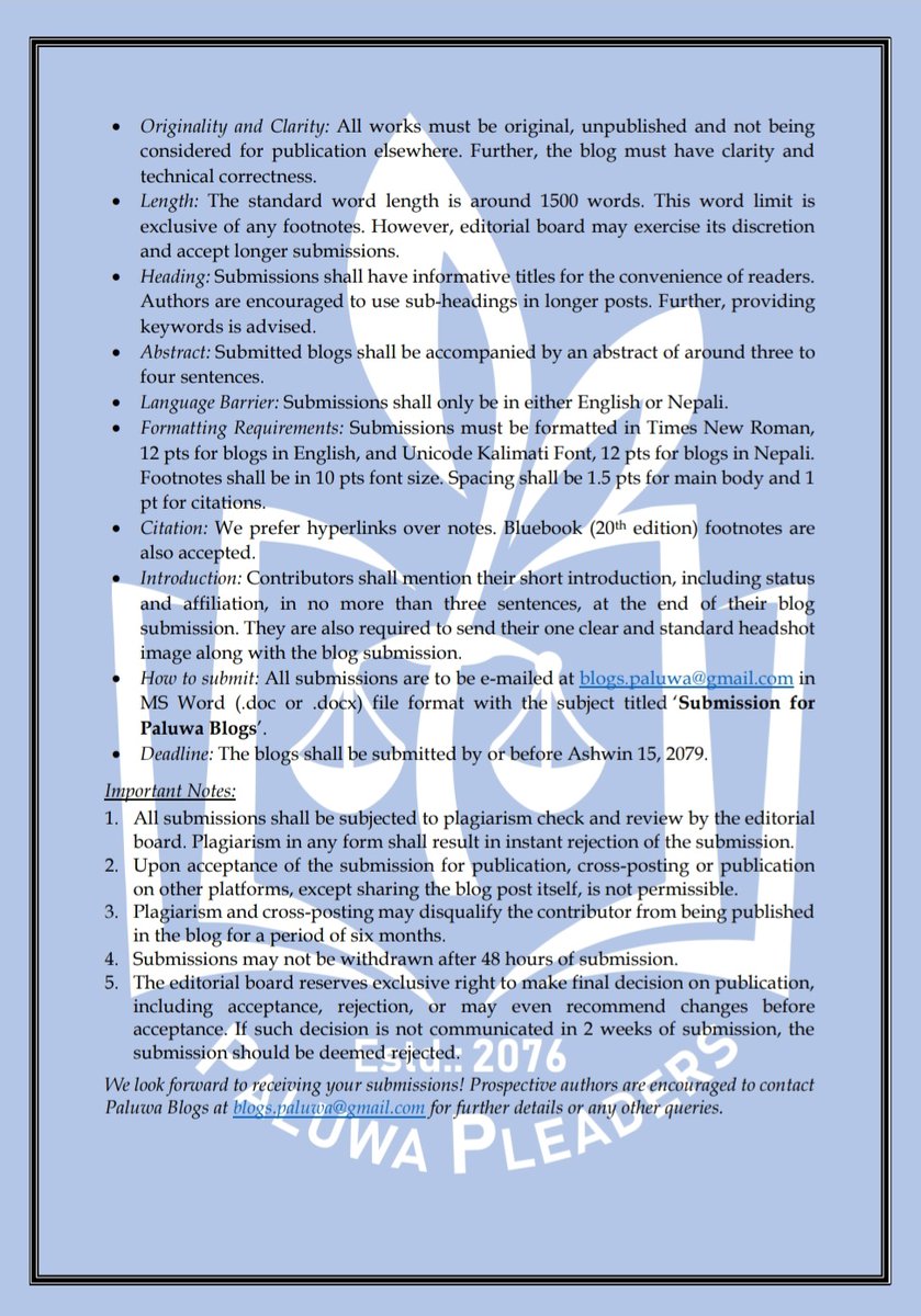 paluwapleaders's tweet photo. Do you care, read, think or write about Constitution?
Consider this opportunity!
Send your works to us.
Don't wait until the deadline, we will start reviewing and publishing the blogs we receive in a rolling basis until the deadline. https://t.co/nlZnBWFMTy