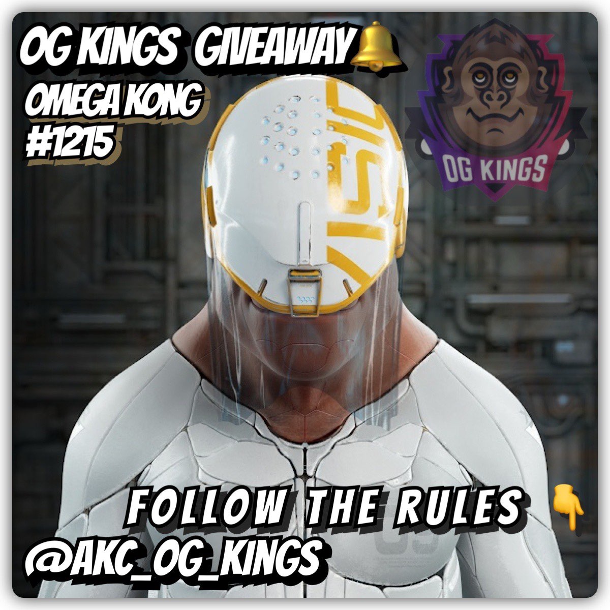 🚨OG Kings GIVEWAY🚨

1➡️Follow @AKC_OG_KINGS and 🔔ON❗
2➡️Like and retweet 🦍❗
3➡️ Tag 3 friends and add your discord name❗
4➡️Be active on AKC discord
discord.gg/m7UGw2zQBw

Winner will be picked Monday 12/09/22🎁

#OgKings  #DigitalArt  #Opensea
