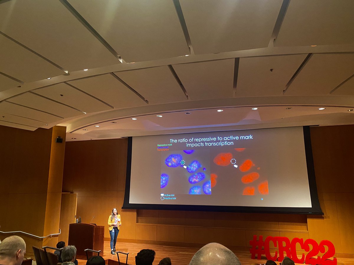 PaxtonKostos's tweet photo. amazing talk by @VictoriaAnn_Has over micronuclei epigenetic regulations! cool discussion of deep learning used in large datasets and such beautiful images! #CRC22 https://t.co/grkKSu0qil