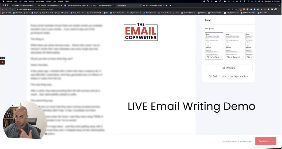chrisorzy's tweet photo. LIVE EMAIL WRITING DEMO

Want to steal my entire email copywriting process... from start to finish?

I filmed a tutorial of me writing an email in 12 minutes flat.

(This one did $3,267 in sales)

LIKE &amp; RETWEET this post and I'll send it to you.

(Must be following) https://t.co/sNS5VtUQpn