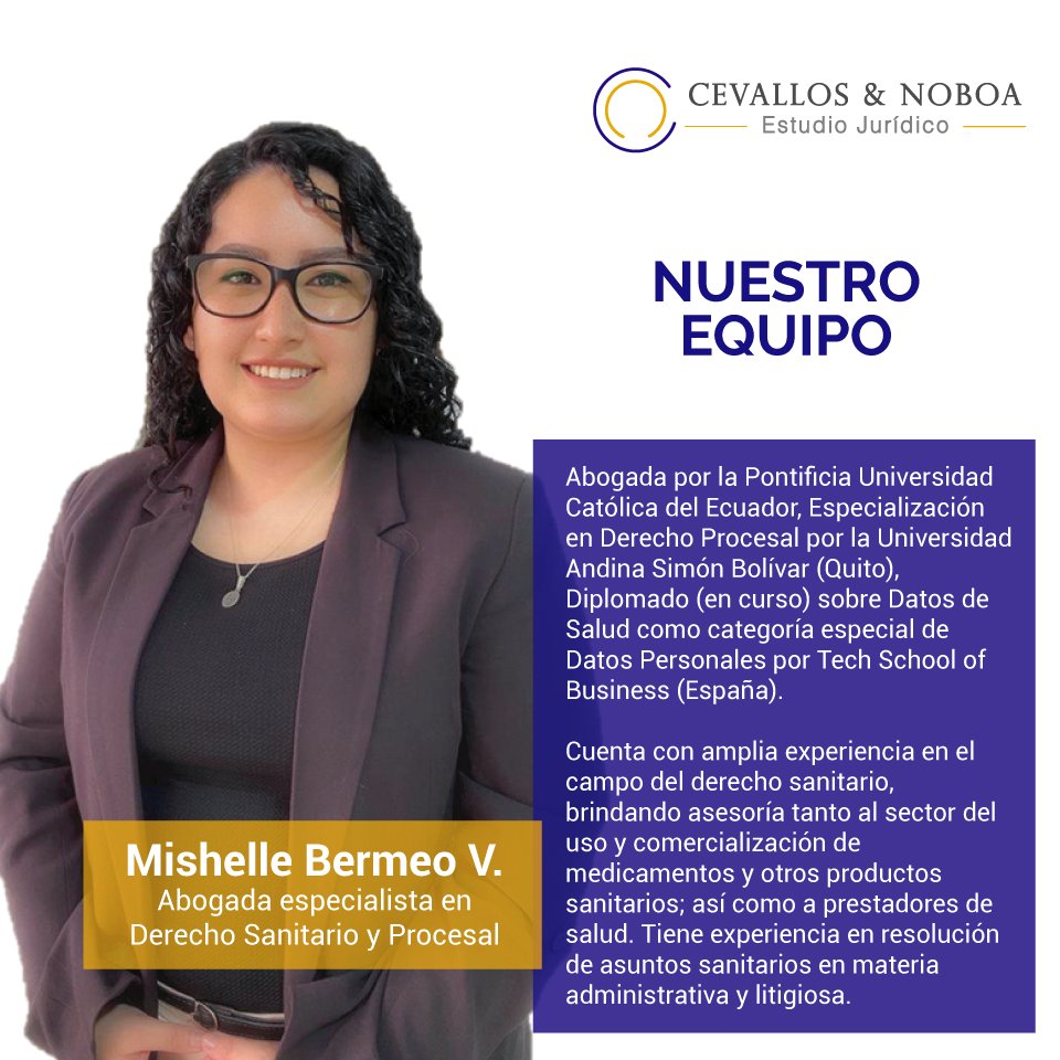 CEVALLOSNOBOA's tweet photo. [#NuestroEquipo]
Presentamos un extracto del perfil de la abogada Mishelle Bermeo Vivar, miembro del Departamento de Derecho Sanitario de la firma.
.
¡Contáctenos! Nuestro equipo estará atento ante cualquier inquietud. https://t.co/QXkCsCsU7C 
.
#DerechoSanitario #Empresas https://t.co/zJnVJ2fGO3