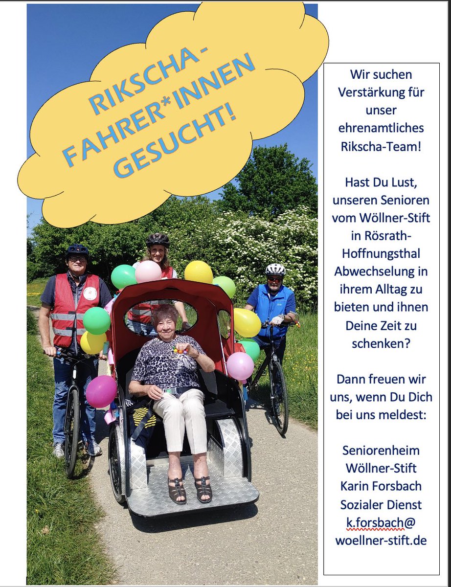 Du hast Lust, in #Rösrath Fahrrad zu fahren?
Dann melde Dich schnell als Rikscha-Fahrer:in bei #radelnohnealter
Denn auch ältere Menschen haben #rechtaufwindimhaar