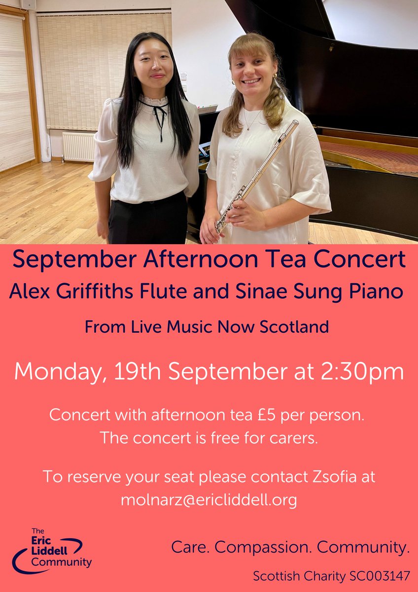 Alex and Sinae will be back on Monday, 19th September to perform at our September Afternoon Tea Concert. 

Join us to enjoy some lovely music and delicious afternoon tea treats 🧁

#September #AfternoonTeaConcert @LiveMusicNowSCO