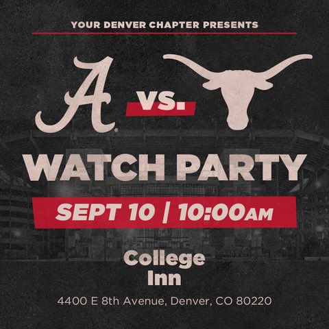 BamaDenver's tweet photo. Join us tomorrow morning at the College Inn to watch the Tide roll over the horns! Must be 21+. #RollTide #HornsDown https://t.co/gL2uDhd5io