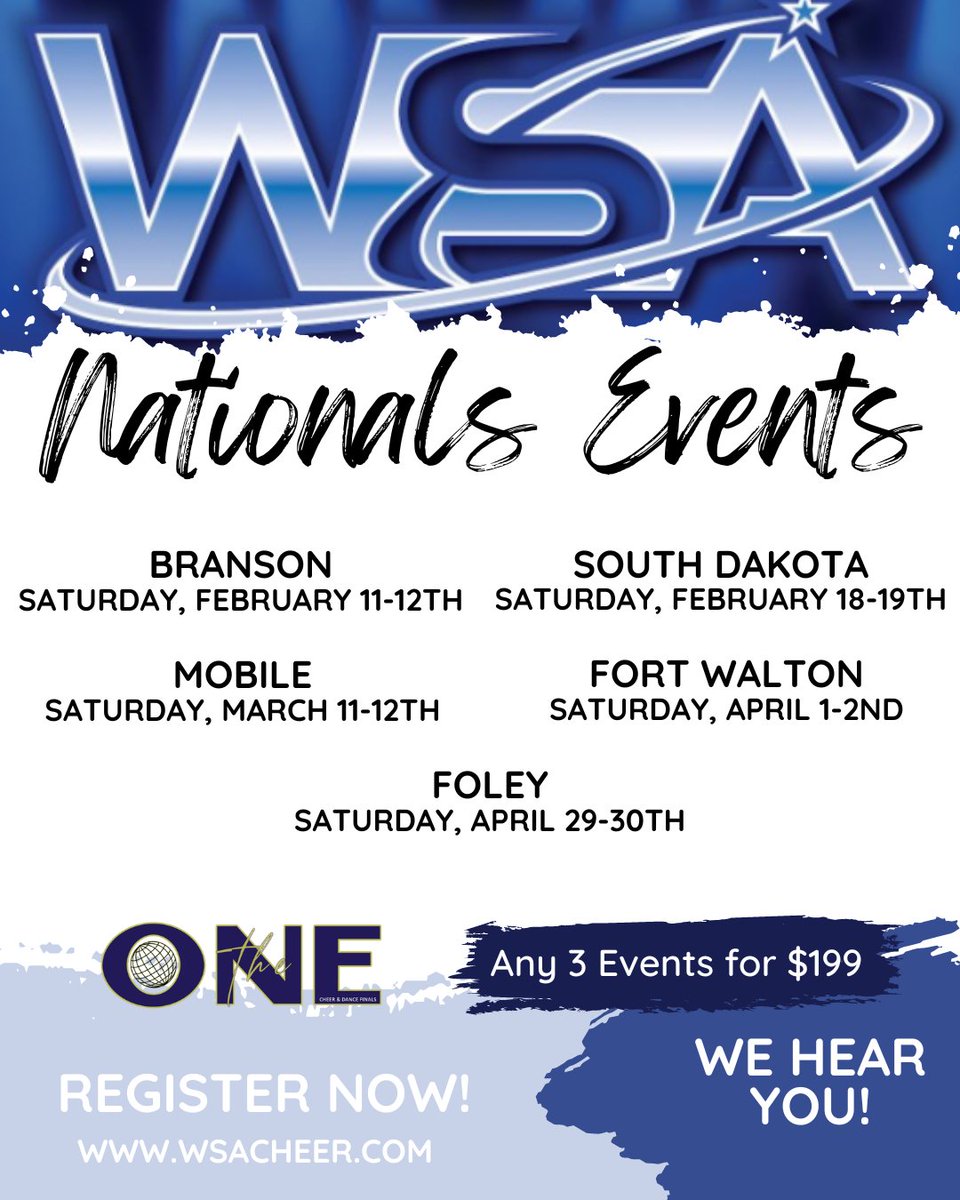 Who is excited about the upcoming season?!? Check out all of our 2-day National Events! Link in bio! Call us today 800-532-4337 <a href="/theonefinals/">The One Finals</a> #cheernationals #wsacheeranddance #wsacompetition #theonefinals