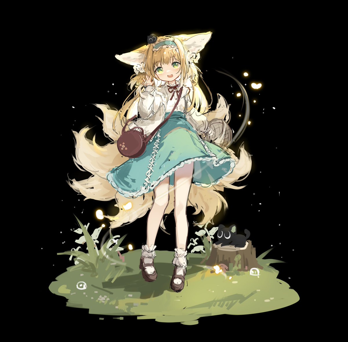 luoxiaohei ,suzuran (arknights) 1girl animal ears green eyes tail blonde hair fox tail skirt  illustration images