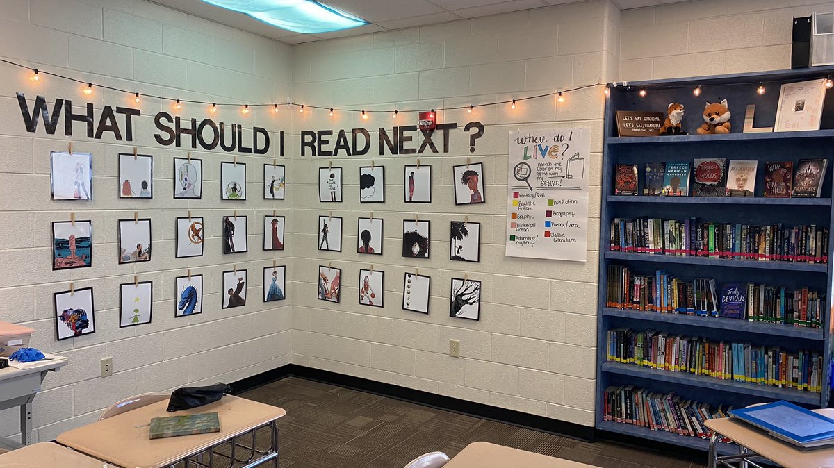 Finally finished my big project: the “What Should I Read Next” wall. Students can grab the cover off the wall and find the summary of the book on the back! I’ve got most of them in my classroom library, but they’ve been so into it, they’re almost all checked out🤭 #readingmatters