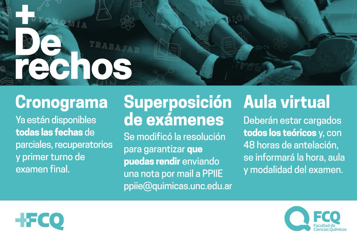 fcqoficial's tweet photo. #MásDerechos para la comunidad de #EstudiantesFCQ | Conocé todas estas novedades para tus próximas fechas de exámenes 👇

#MásFCQ
#FCQUNC https://t.co/N9ePZncb46