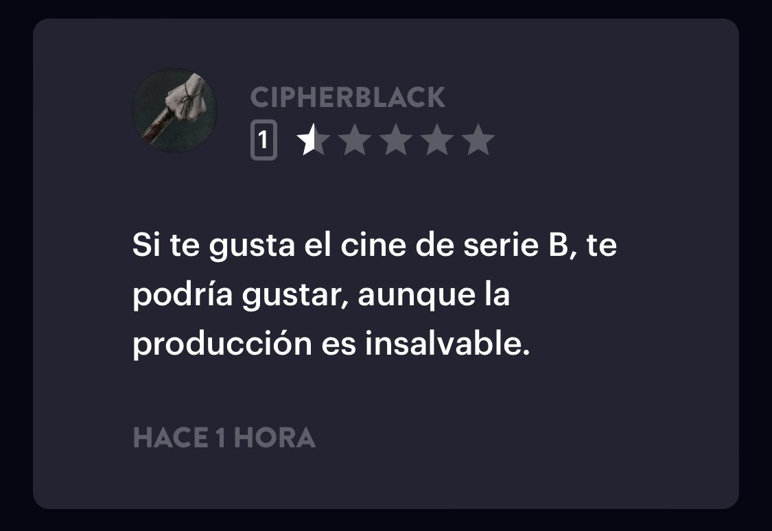 cine_domingo's tweet photo. Lo del usuario de @Filmin Cipherblack es toda una lección de elegancia. Nos dice que #Devildead2 es una mierda sin herir nuestros sentimientos 🥲 Gracias! https://t.co/KShLw0Ti1a