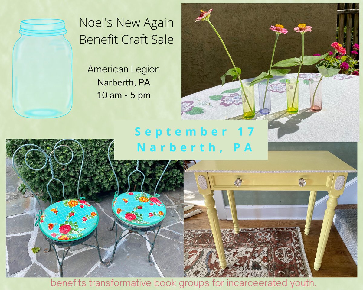 noel_again's tweet photo. Can't make the Sept. 17 Noel's New Again Benefit Craft Sale?   You can make a donation to support transformational book clubs for incarcerated youth NOW.   
(but, sorry you'll miss homemade #cookies)
https://t.co/E4kSODYgoK
@FreeMindsDC 

#loveNarberth #crafts #repurposed https://t.co/hX9ApOaUsn