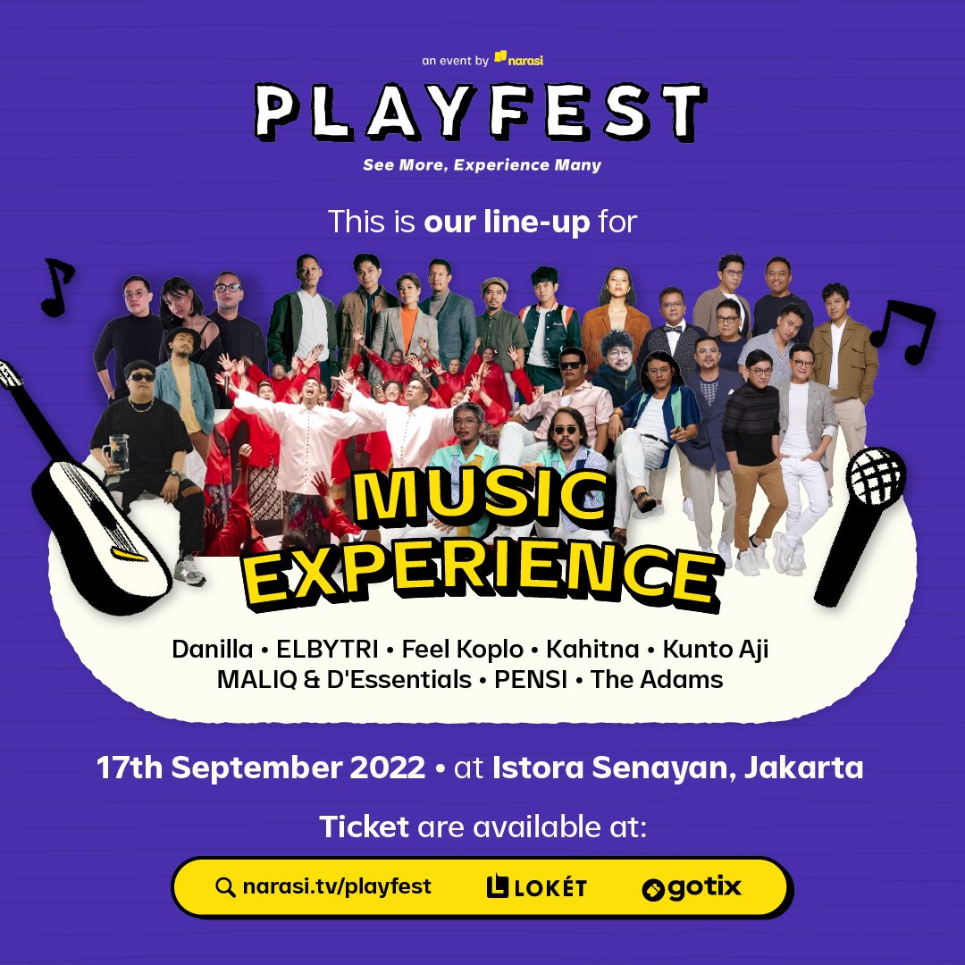playfestnarasi's tweet image. Yeay! So glad to share our final line up for Music Experience! 🥳

Ga sabar banget buat nonton penampilan keren para guest star di Playstage dan seru-seruan dengan karokean di Karoke Room. 🙌🏻 | Playfest

#Playfest2022 #ReactivateYourSense
