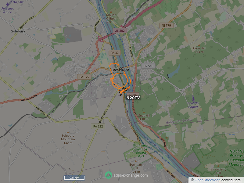 SkyCirclesPHL's tweet image. N20TV, a Bell 206-L-4, is circling over New Hope at 1075 feet, speed 18 MPH, 0.0 miles from New Hope Police Department globe.adsbexchange.com/?icao=a19167&amp;amp;z…