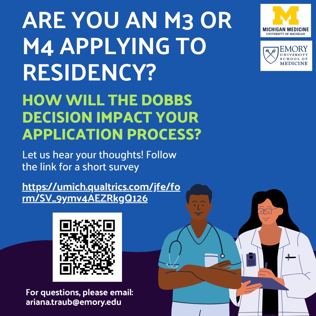 #MedStudents - Take the survey: Will DOBBS decision/#RoeVWade overturn affect your residency application process? Thx to AMWA member
Ariana Traub for helping us get this on social &amp; to all organizers, including <a href="/GA4RJustice/">GA Health Professionals for Reproductive Justice</a> <a href="/nellmmb/">Nell Mermin-Bunnell</a> @BryAaron_UMMS <a href="/jekawwass/">Jennifer Kawwass, MD</a> #MedTwitter #WIMMonth