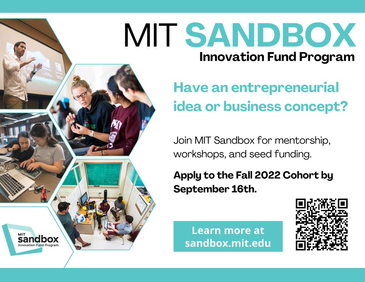 MIT Sandbox (@mitsandbox) on Twitter photo Applications are open for MIT Sandbox! <a href="/MIT/">Massachusetts Institute of Technology (MIT)</a> Undergrad Students and MIT Grad Students, come join us in the Sandbox to learn, experience entrepreneurship, and see your innovative ideas come to life. Apply by Sep 16th.
More information and apply: sandbox.mit.edu/prospective-st… Applications are open for MIT Sandbox! <a href="/MIT/">Massachusetts Institute of Technology (MIT)</a> Undergrad Students and MIT Grad Students, come join us in the Sandbox to learn, experience entrepreneurship, and see your innovative ideas come to life. Apply by Sep 16th.
More information and apply: sandbox.mit.edu/prospective-st…