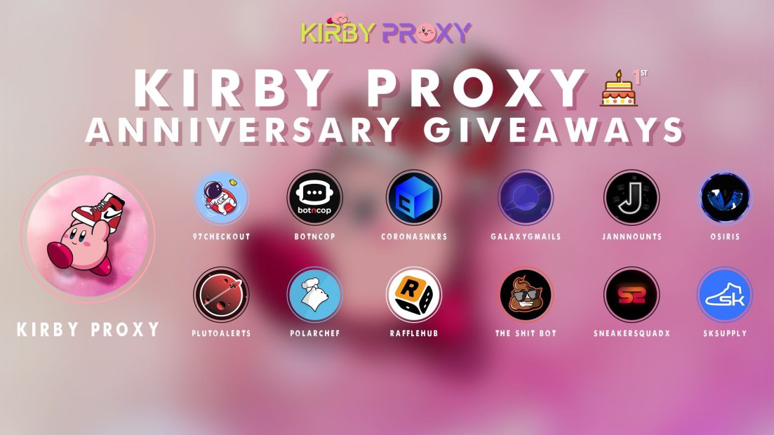 Kirby Proxy (@kirbyproxy2021) on Twitter photo Today is the 1st anniversary of Kirby Proxy, so we are going to do a major giveaway with other partner to thank you all of you support us in the past.
Rules :
Like
Retweet 
Tag 1 friend
Follow all the accounts (Will put below the comment)
Join our server
discord.gg/hGwYnF9wDk Today is the 1st anniversary of Kirby Proxy, so we are going to do a major giveaway with other partner to thank you all of you support us in the past.
Rules :
Like
Retweet 
Tag 1 friend
Follow all the accounts (Will put below the comment)
Join our server
discord.gg/hGwYnF9wDk