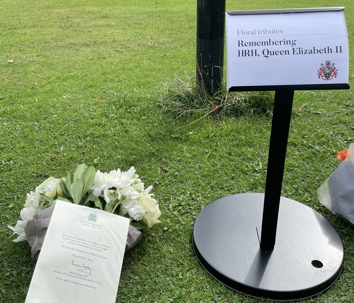 KeeleyMP's tweet photo. I and my team have laid flowers at Swinton Civic Centre in tribute to Her late Majesty Queen Elizabeth II 

Flowers can be laid on the lawns at The Civic Centre. There is also a book of condolence at the centre &amp; at other locations. 
See https://t.co/xS7hwqKV7u https://t.co/Ba4UcAGlJB