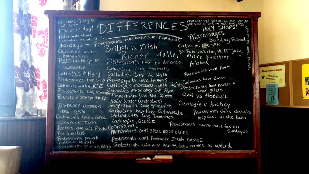 As we honor Irish twitter's magnificent work over the last day, let us take a moment to remember Derry Girls's chalk board of Catholic and Protestant differences, the greatest piece of comedy writing every produced.