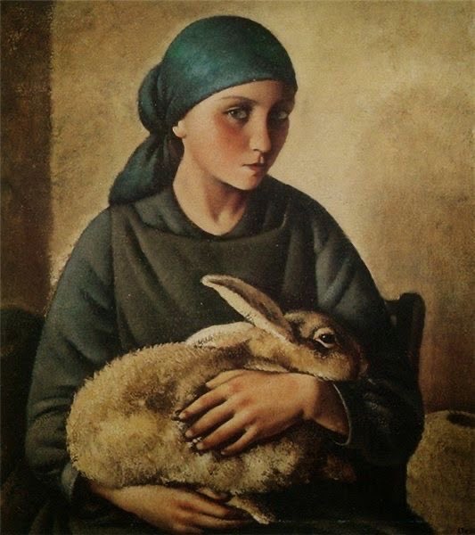 Hello again 
No one is going to take this young ladies rabbit away! Such a challenging look! Dyalma Stultus (1902-77) Italian painter   Love this one.