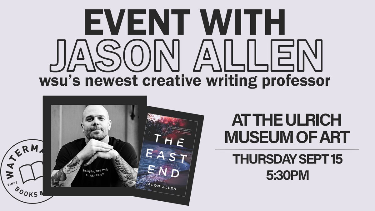 Thurs. Sept. 15 at 5:30pm, new WSU creative writing professor <a href="/JasonAllenBooks/">Jason Allen</a>  will be doing a reading at the <a href="/UlrichMuseum/">Ulrich Museum of Art</a> 🎉We'll have his books for sale at the event, or you can grab yours early here 👉tinyurl.com/bdfwynbj <a href="/parkrowbooks/">Park Row Books</a>