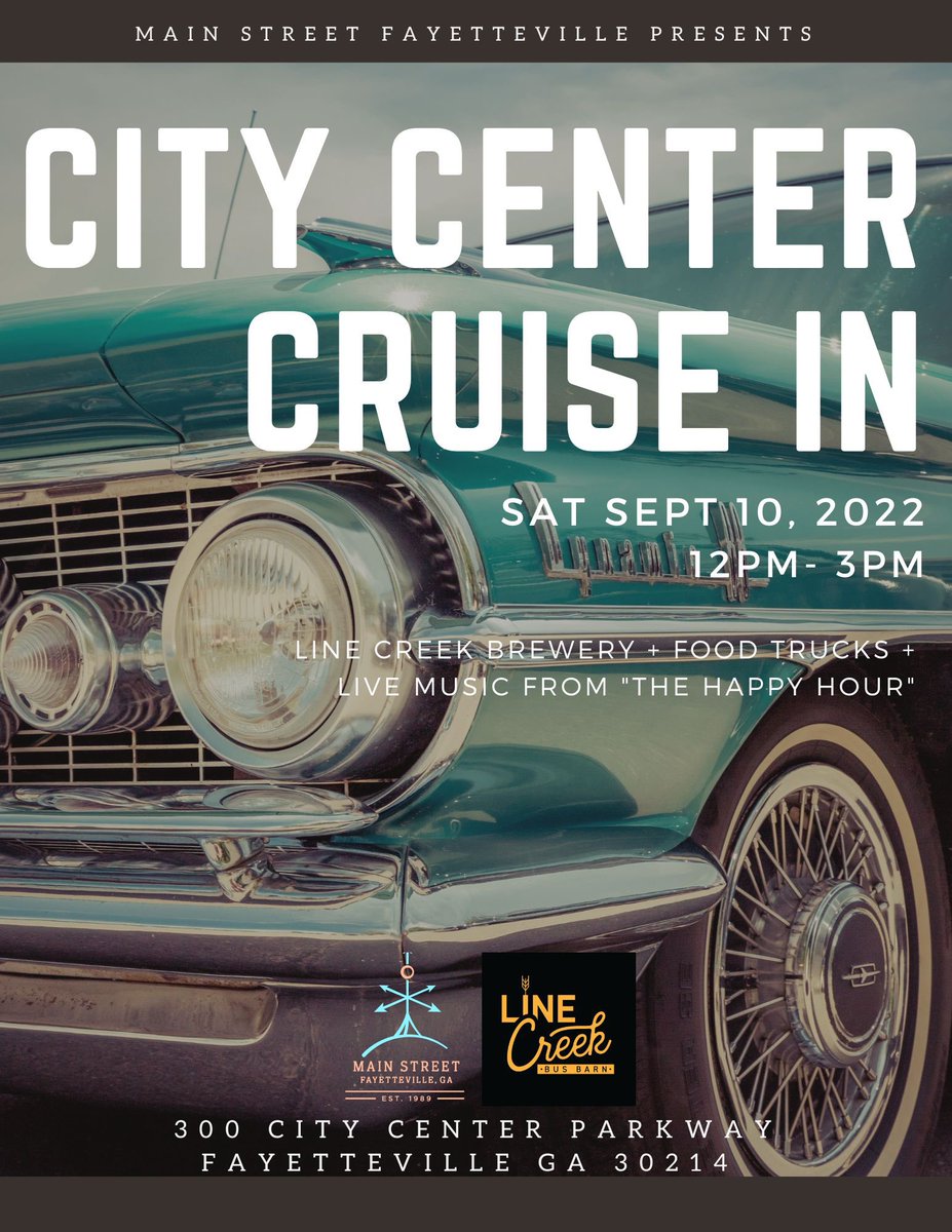 Tomorrow is the City Center Cruise In from 12-3 pm! 🚗 There will be live music by The Happy Hour, food trucks, as well as Hog Pit BBQ, Scoops Fayetteville, and The Hummingbird Room. Car participants, please park by the Bus Barn; attendees park along the side of the dog park. 🍻