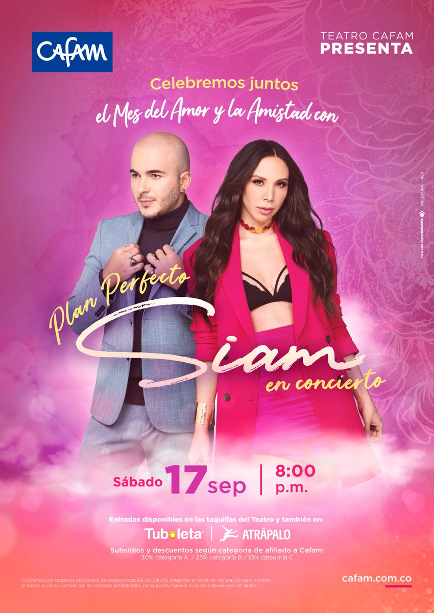 ❤️🌹 Celebra el mes del amor y la amistad con Siam, el próximo 17 de septiembre a las 8:00pm en el <a href="/TeatroCafam/">Teatro y Sala Cafam</a> 🌹❤️

Adquiere tus boletas en TuBoleta o en las taquillas del Teatro Cafam 👇

tuboleta.com/eventos/detall…