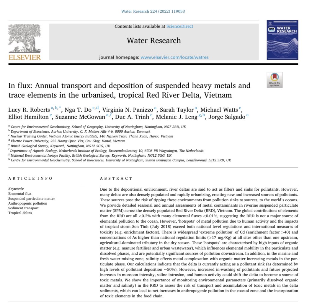 Delighted our new paper is out estimating seasonal and annual fluxes of trace and heavy metals and the #pollution impacts of #salinity, #HumanActivity and #TropicalStorm Son Tinh in the #RedRiverDelta, Vietnam 🇻🇳 doi.org/10.1016/j.watr…