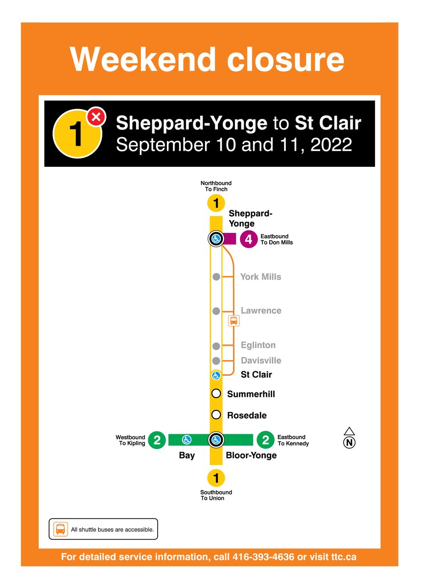 TTCnotices's tweet photo. Line 1: This weekend, there will be no subway service between Sheppard-Yonge and St Clair stations to accommodate work on the Eglinton Crosstown LRT and Easier Access projects. Shuttle buses will run. https://t.co/ElEgAt1aFF