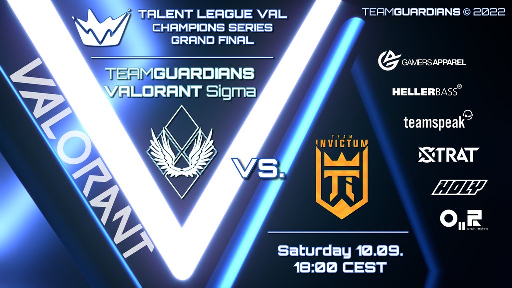 📣 TEAM GUARDIANS VS. INVICTUM 📣

<a href="/TalentValorant/">Talent League Val</a>
GRAND FINAL

Team Guardians Valorant #Sigma vs. <a href="/invictumgg/">Team Invictum</a>

📅 Saturday 09.09.22 at 18:00 CEST
🎥 live at twitch.tv/talent_leaguev… 

#teamguardians #guardax 

<a href="/teamspeak/">TeamSpeak</a>
<a href="/GamersApparel/">Gamers Apparel</a>
<a href="/holysquad_de/">HOLY Squad®</a>
<a href="/xstratapp/">XStrat - Plan your victory</a>

#valorant #werbung