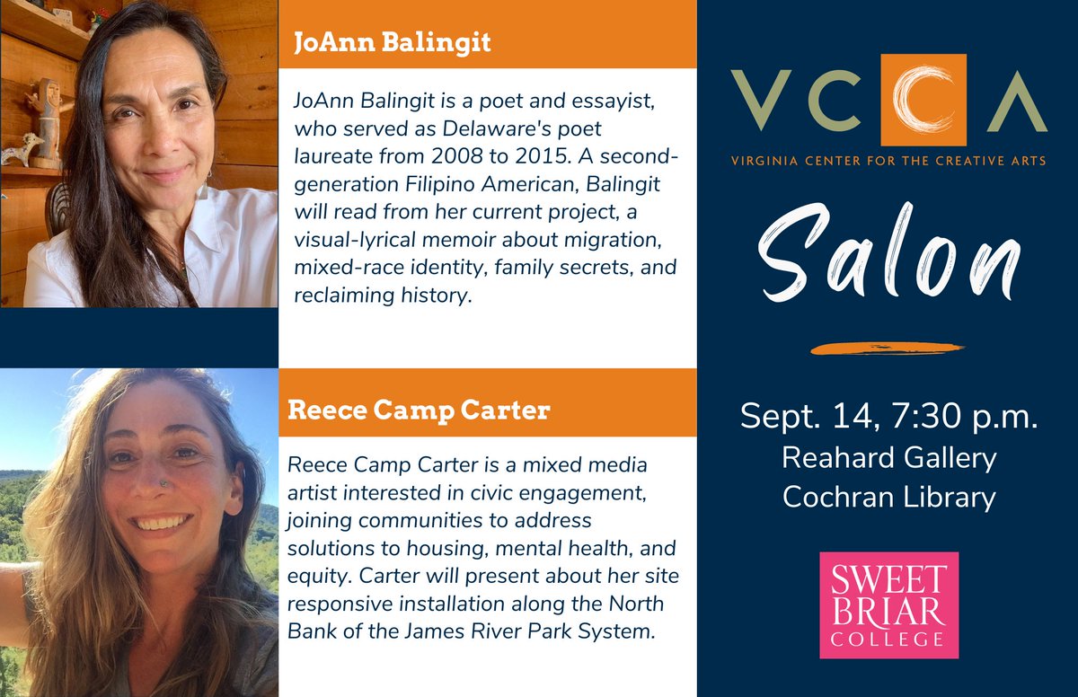 Virginia Center for the Creative Arts (@vcca) on Twitter photo This Wednesday, September 14, over at <a href="/SweetBriaredu/">Sweet Briar College</a>! Come out to enjoy the first VCCA Salon of the semester with #VCCAFellows <a href="/jabalingit/">JoAnn Balingit | @Balingit on Bluesky</a> and Reece Camp Carter. 🧡 🧡 This Wednesday, September 14, over at <a href="/SweetBriaredu/">Sweet Briar College</a>! Come out to enjoy the first VCCA Salon of the semester with #VCCAFellows <a href="/jabalingit/">JoAnn Balingit | @Balingit on Bluesky</a> and Reece Camp Carter. 🧡 🧡