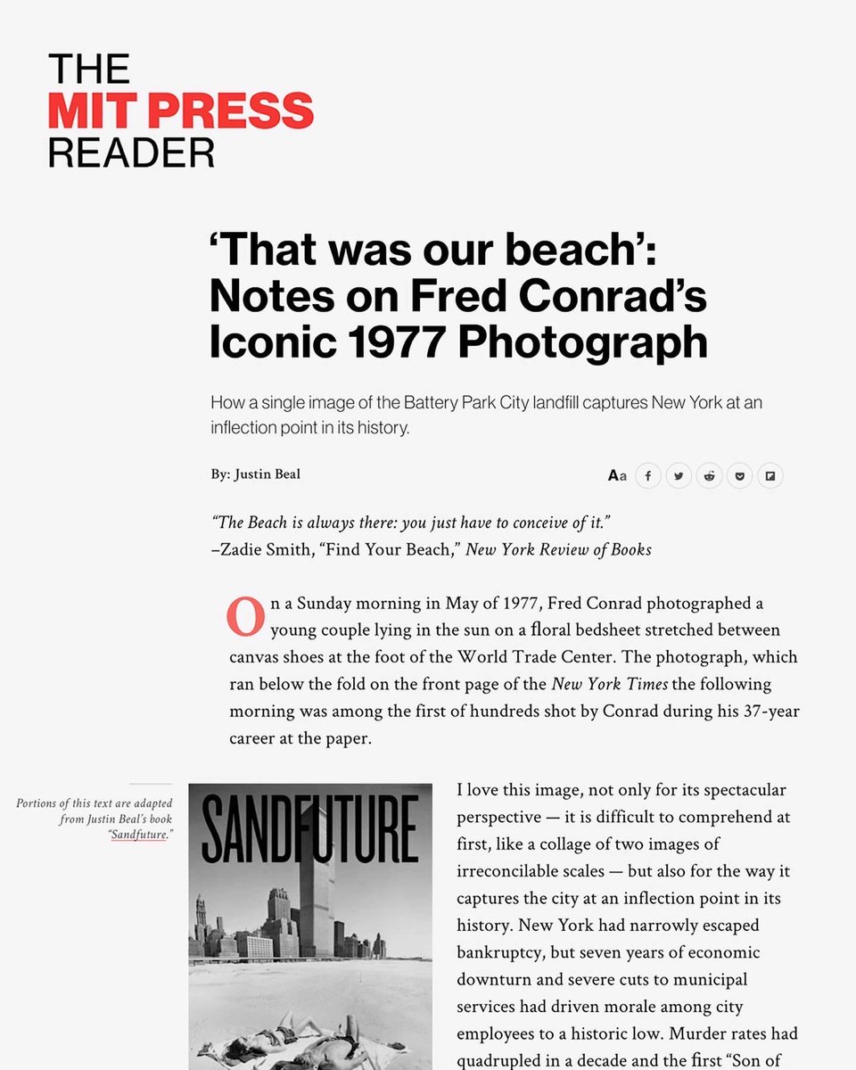 thejustinbeal's tweet photo. I wrote a Piece that went up today on the @mitpresss  Reader about Fred Conrad’s 1977 photo of the Battery Park Beach, The WTC, Zadie Smith’s essay “Find Your Beach,” and having coffee with Suellen Epstein, who still has the same pair of Ray Bans https://t.co/3L5n9z8ZCJ https://t.co/k10JpqURmm
