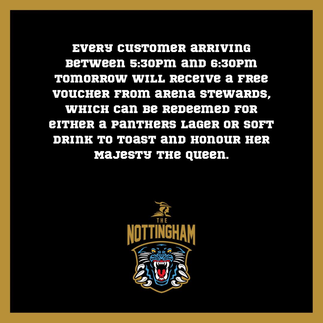 Join us tomorrow as The Nottingham Panthers host Guildford Flames in the Elite League.

Many thanks to the <a href="/nottinghamarena/">Motorpoint Arena Nottingham</a> for this gesture as we remember Her Majesty The Queen.

To join us 👉 🎟 bit.ly/3CR4IYx