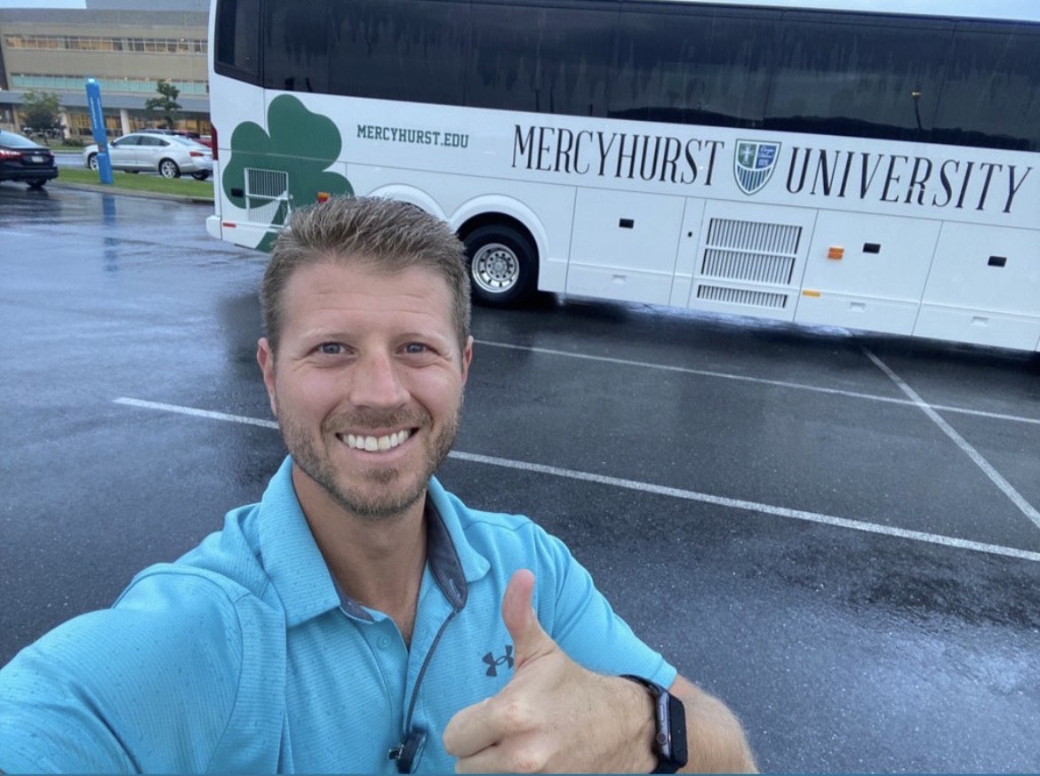 HurstAlumni's tweet photo. Mercyhurst alum Dr. Travis Rearick ’11 spotted the Hurst bus on the road in Johnstown!☘️ https://t.co/qdcafbpDmp