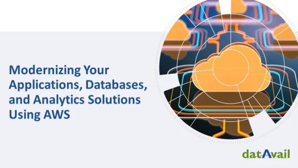 datavail's tweet photo. Join us on 9/14/22 at 11 a.m. PT/2 p.m. ET for the webinar “Modernizing Your Applications, Databases, and Analytics Solutions Using AWS”. #awspartner #databasemodernization #applicationmodernization #cloudmodernization
https://t.co/7WKtDutsIp https://t.co/YL122jiTJr