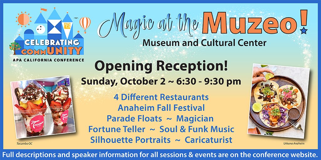 APACalifornia's tweet photo. Join us at the "Magic at the MUZEO" Opening Reception on October 2! Experience Anaheim with a variety of flavors and activities - it will be a magical night!

Admission included with every full conference registration.

#celebratingcommUNITY #plannerscelebration #seeyouinAnaheim https://t.co/xVBfryTZxI