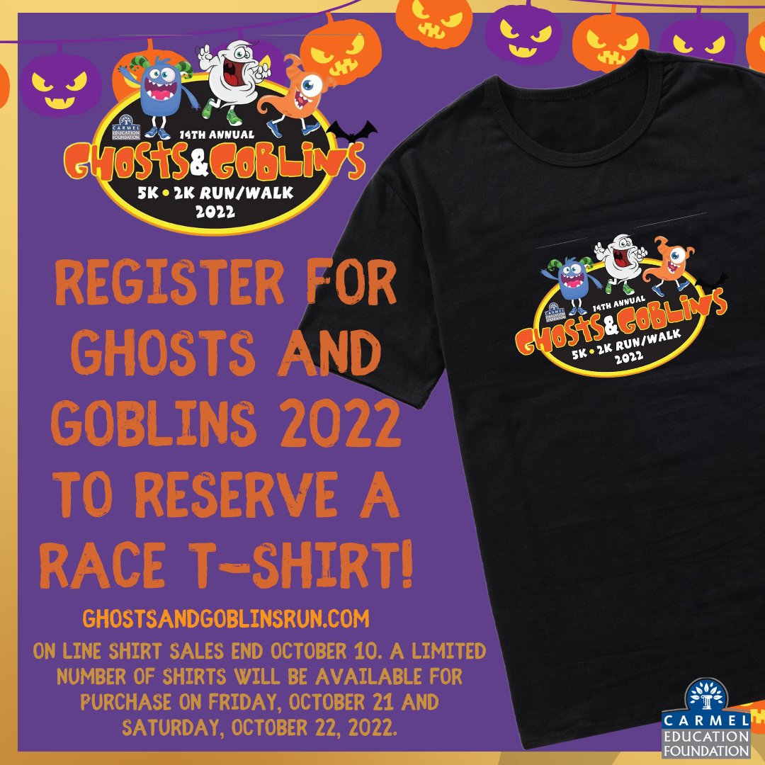 Ghosts and Goblins Shirts are part of the race tradition!  This year we have black shirts to suit all styles.  Short sleeve are $10 and long sleeve are $15.  Online sales are open through October 10 so reserve yours today! GhostsAndGoblinsRun.com