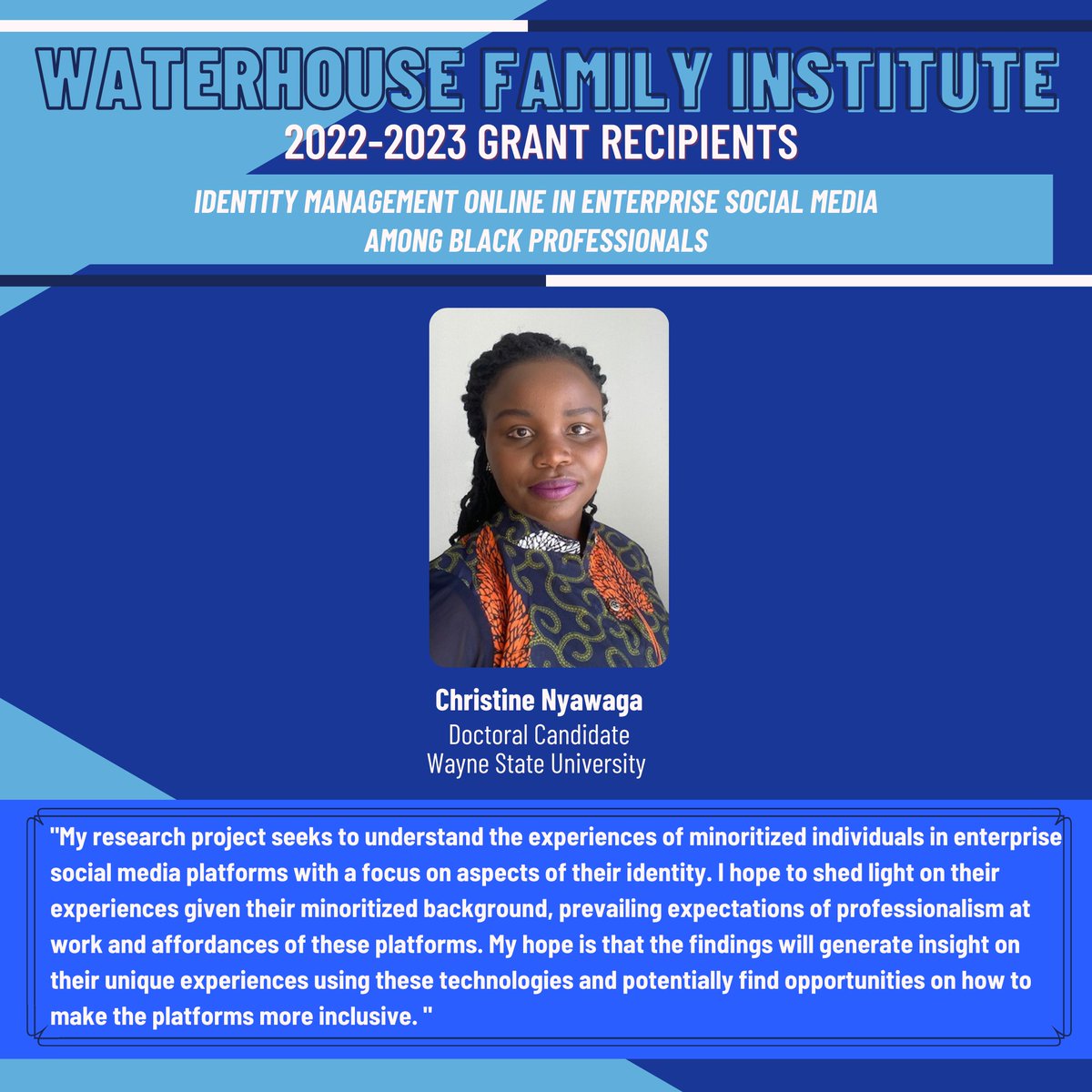 Please join us <a href="/WaterhouseInst/">Waterhouse Family Institute</a> in congratulating recipients of the WFI 2022-23 Grant! On day four of ten, we profile another winning research project and its author, Christine Nyawaga at Wayne State University <a href="/WSU_COM/">WSUCommunicationDpt</a>.